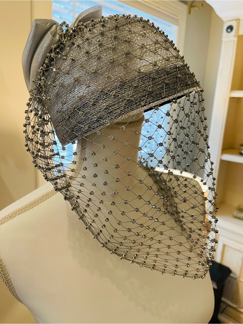 Silver Beaded Veil Fascinator Hat - Picture 8 of 13